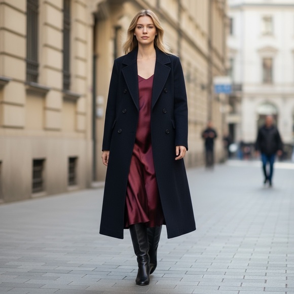 Classic Wool Longline Coat Navy Maxi Double Breasted Quiet Luxury Winter M/L - Picture 5 of 13